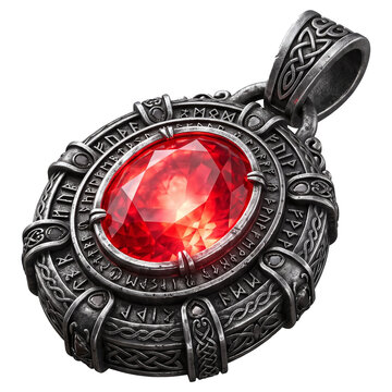 Norse viking pendant with red ruby gemstone and runic engravings isolated on transparent background as 3d render clipart