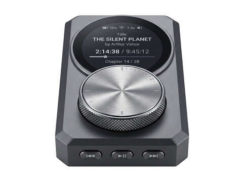 Digital audio player media device with modern sleek metallic design, large volume control knob dial, screen displaying audiobook listening interface and playback buttons on dark background studio.