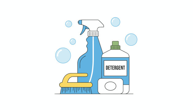 Cleaning supplies set featuring a blue spray bottle, white detergent, yellow scrub brush, and a soap bar with bubbles.