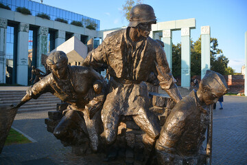Naklejka premium WARSAW POLAND: Details of Warsaw Uprising Monument is dedicated to the Warsaw Uprising of 1944. Unveiled in 1989, it was sculpted by Wincenty Kucma and the architect was Jacek Budyn.