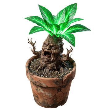 Screaming mandrake root plant with green leaves in weathered ceramic pot isolated on transparent background as 3d render clipart