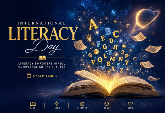 International literacy day concept background with glowing open book and floating alphabet