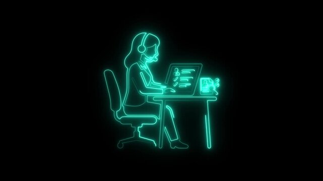 Customer service agent working with a laptop neon icon