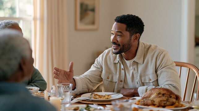 A talk show host rehearses casual Thanksgiving seating cards at a modest family home dining table while relatives debate vegan roasts versus traditional dishes, tension softening