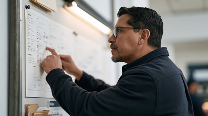 Fototapeta premium A forensic science technician pins January gym rush crowd analysis charts to an industrial evidence board in a before-and-after display, mapping New Year behavioral data patterns