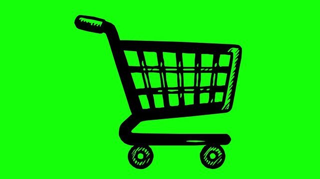 animated shopping cart with black fill and line boil effect on a green screen chroma key background. Perfect for retail, online store, and commerce projects