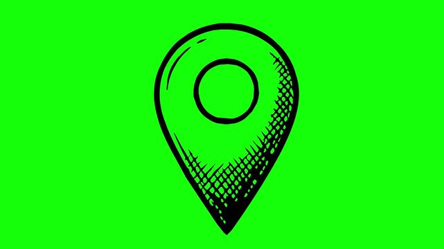 hand drawn style gps map pin location icon animation with black fill, line boil effect and green chroma key background for easy editing