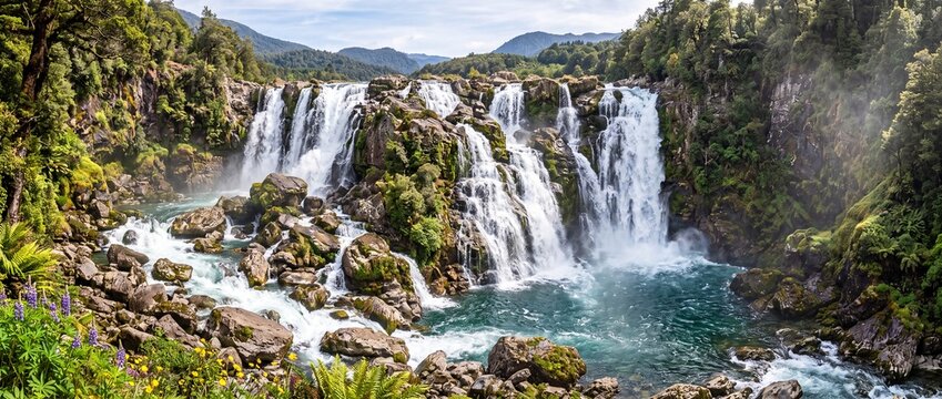 A very wide and high waterfall with multiple cascades
