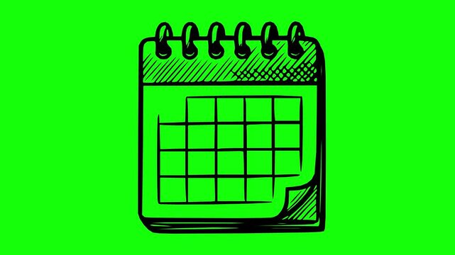 hand drawn calendar icon animation featuring solid black fills, rough edges, and line boil effect on a green chroma key background for video editing