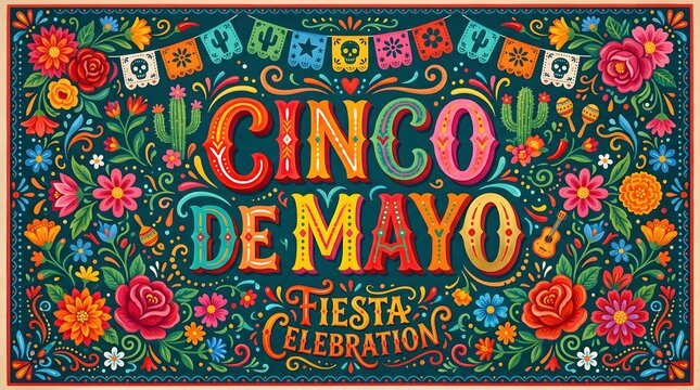 Colorful Cinco de Mayo fiesta banner with vibrant floral papel picado and celebration text