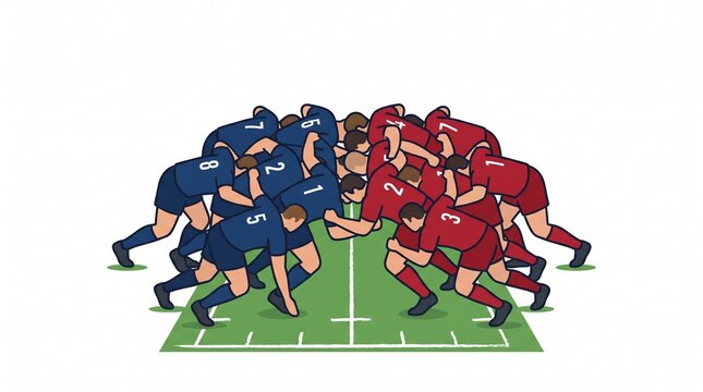 Rugby Scrimmage Players Clash Vector Illustration for Sports Marketing Logo Design on Clean White Background