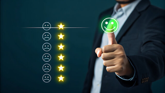 Businessman giving a positive rating with a happy face icon and five stars, representing excellent customer service