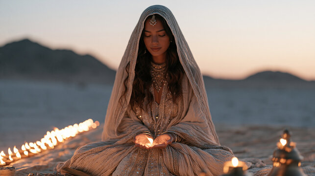 Palm reader seated alone in an empty desolate field at dusk with a row of Diwali diyas lit along a blanket edge as the group of curious visitors has just departed leaving only