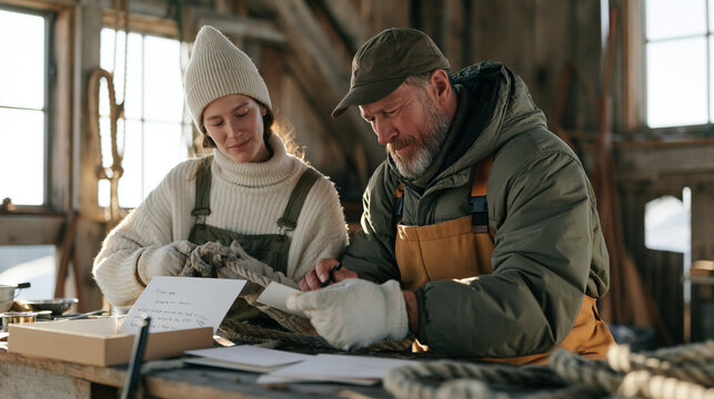Ropemaker couple works side by side in a quiet frost-covered rural barn, braiding natural fiber rigging while a box of unsent Christmas cards sits open on the workbench beside