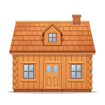 Flat vector illustration of a rustic wooden log cabin with a brick chimney, white background.