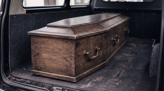 Dark wooden coffin placed inside the back of a transport vehicle