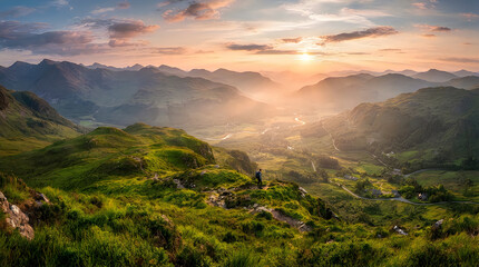 Obraz premium Breathtaking sunset view over the lush green mountains and valley in northern vietnam at golden hour