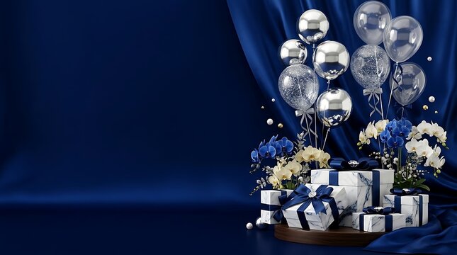 Elegant happy birthday background with blue balloons and gift boxes on a dark blue fabric draped surface