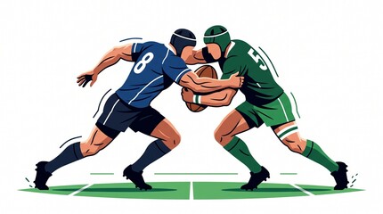 Fototapeta premium Dynamic vector design capturing two rugby players in action, an impactful background visual for sports marketing campaigns or a strong athletic logo design, providing energetic graphic elements