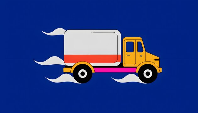 Flat Vector Speeding Delivery Truck Illustration with Pink Underglow on Blue Background