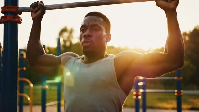 Athletic Black man doing pull ups on outdoor bar at sunset