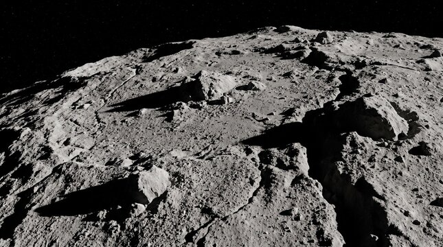 Close-up view of a rocky extraterrestrial surface with dramatic shadows.