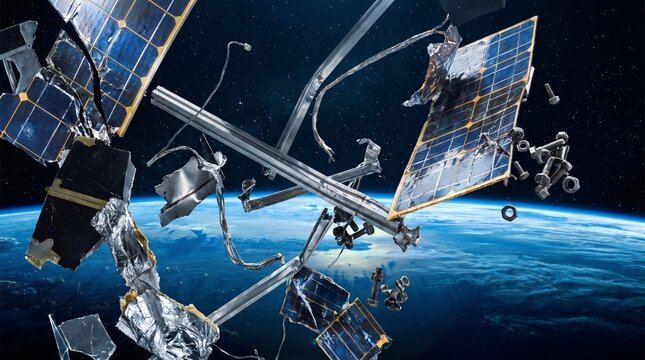 Collided Satellite Debris Orbiting Earth.