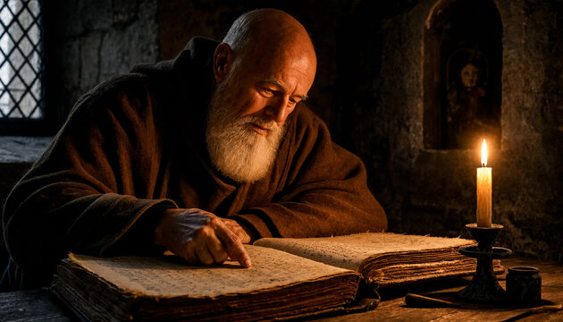 An elderly bearded monk in a brown robe studies an ancient manuscript by candlelight.