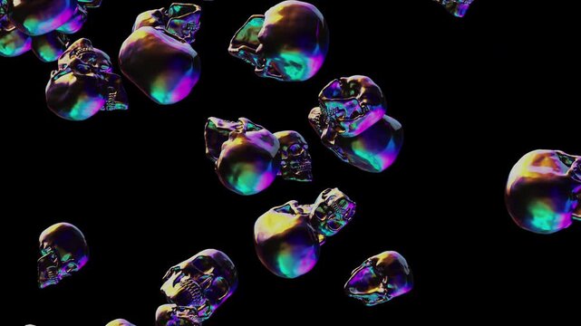 Holographic Iridescent 3D Skulls Rain Motion Overlay Loop Rendered in ProRes 4444 Alpha Channel Transparent Background for Futuristic Cyberpunk Fashion and Halloween Visuals