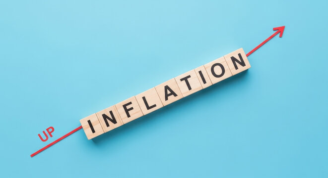 Inflation Rising. Wooden Blocks With Word Inflation Forming Upward Trend On Blue Background. Red Arrow Indicating Increase. Economic Crisis, Cost