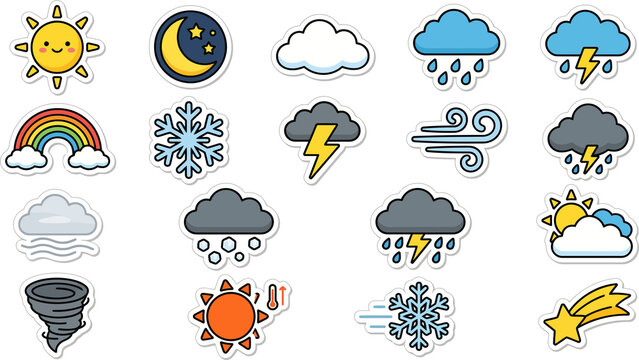 Cute pixel art weather icons set including sun moon rain isolated on transparent background
