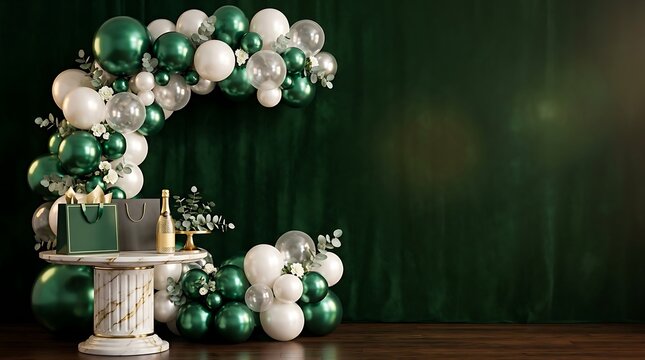 Elegant happy birthday party decoration with green and white balloons and a gold bottle on a pedestal table