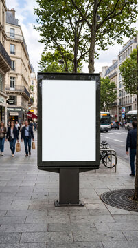 Photorealistic vertical outdoor citylight billboard mockup with a blank white poster on a paved city sidewalk with blurred urban background.