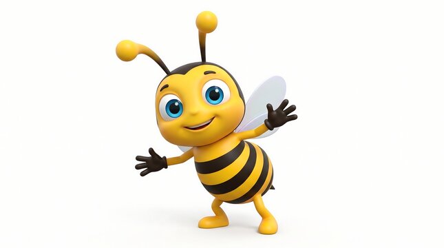 Cute 3D honey bee character, friendly cartoon bumblebee mascot waving, cheerful yellow insect illustration on white background