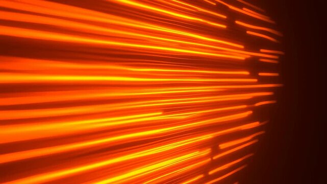 Orange horizontal light bands changing into dense luminous streaks across dark panoramic field with soft blur, layered glow, bright contrast, and warm abstract texture