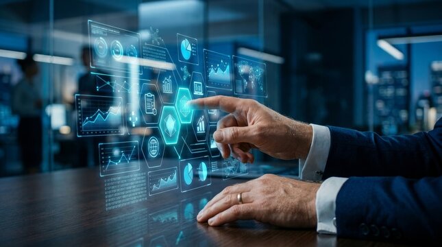 Person interacting with futuristic holographic interface in modern office