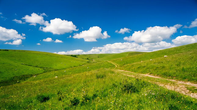 A scenic landscape featuring rolling green hills under a bright blue sky with fluffy white clouds
