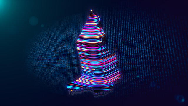 Abstract 3D extruded Liechtenstein map featuring colorful glowing lines over a futuristic blue digital grid with particles, depth of field, light flare, bokeh, and modern visual styling.