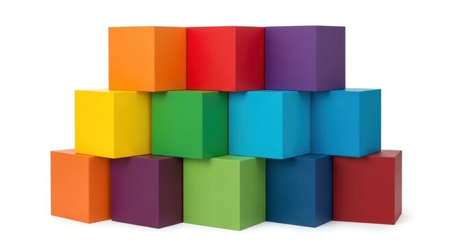 Vibrant stack of colorful geometric cubes arranged in a pyramid formation on a white background, symbolizing creativity and diversity.