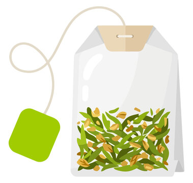 Tea bag with green tea leaves