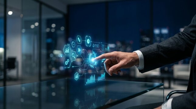 Person interacting with futuristic holographic interface display