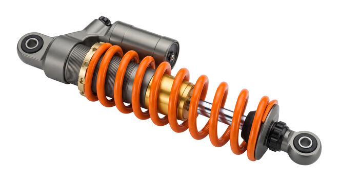 Modern motorcycle rear shock absorber with orange spring and metallic body provides high performance suspension for racing sport bikes.
