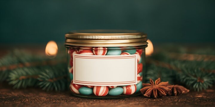 Jellybean jar surrounded by pine boughs and star anise