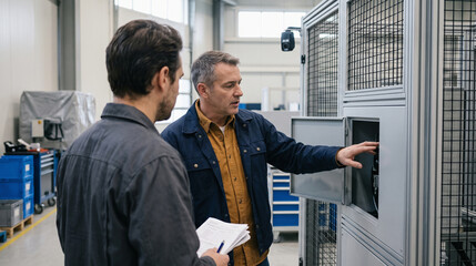 Fototapeta premium Factory team talks predictive maintenance for a robotic workcell