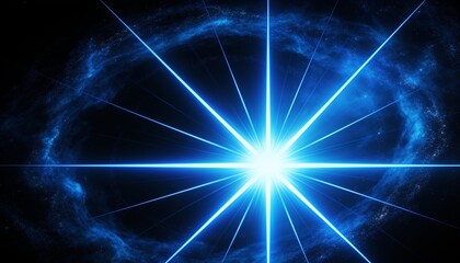 Naklejka premium blue star burst, cosmic light explosion, glowing galaxy flare, luminous supernova ray, bright nebular beam, futuristic energy burst, celestial starburst art