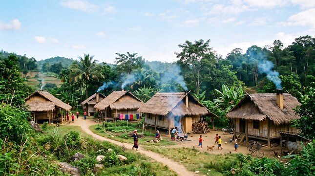 Traditional bamboo village with thatched roof huts, rural community living in tropical jungle, smoking chimneys in remote mountain settlement