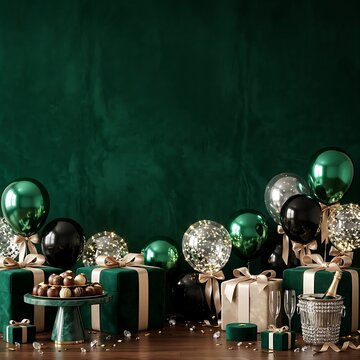Elegant happy birthday celebration background with green balloons and gift boxes on a dark green wall backdrop