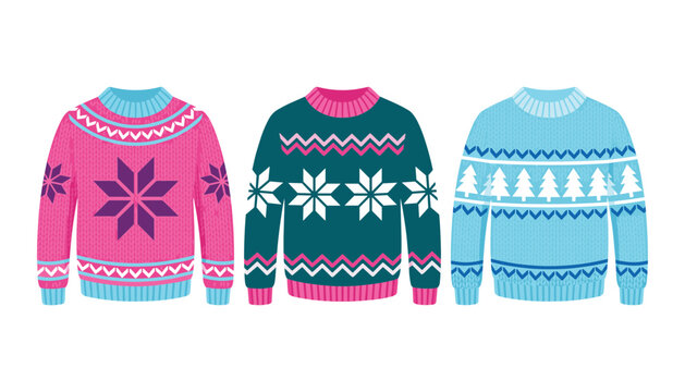 Ugly Christmas Sweater Collection Vector Set Featuring Festive Nordic Knitted Patterns Snowflake Elements and Pine Trees Ornaments for Winter Holiday Layout Designs