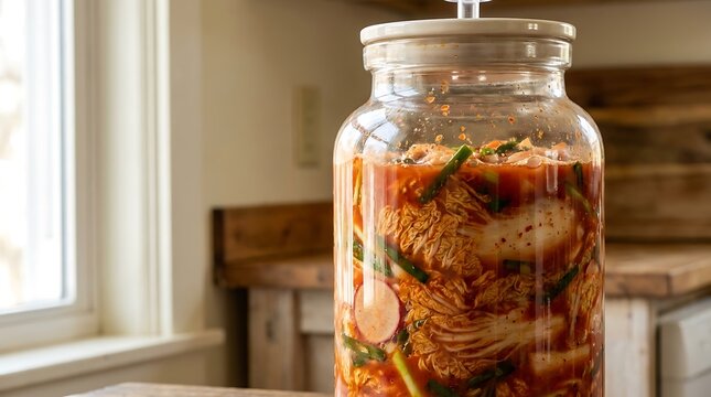 Large glass jar filled with preserved pickled vegetables sitting on a rustic wooden kitchen table. homemade kimchi recipe