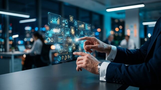 Person interacting with futuristic holographic dashboard in tech lab
